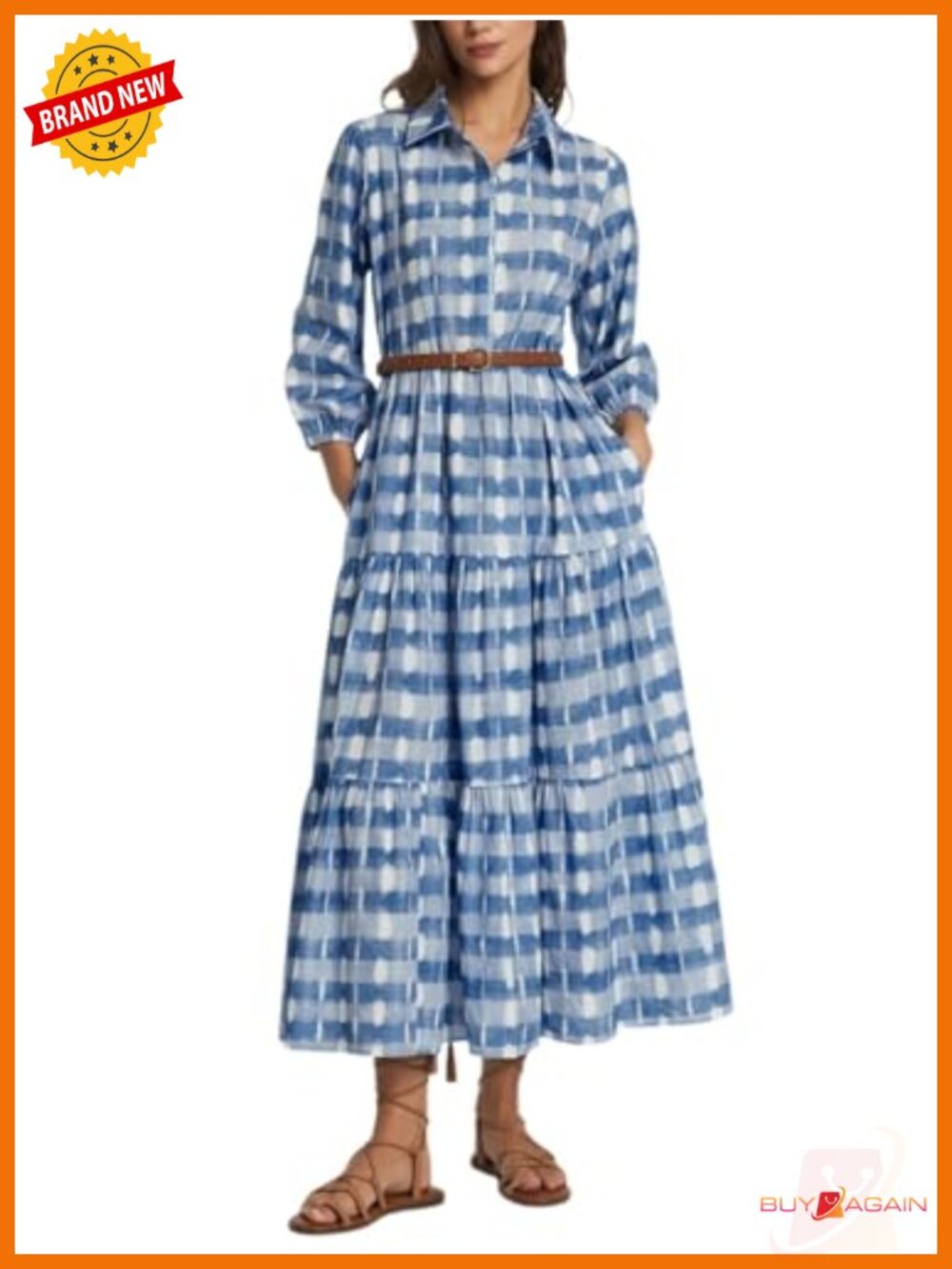 Women's Gingham Maxi Dress Button Down 100% Cotton Plaid Shirt Long